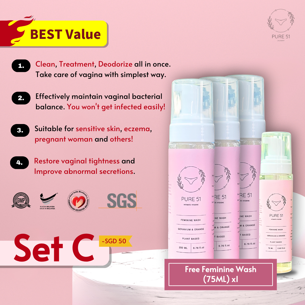 SET C - Feminine Wash x3 + FREE Travel Kit (75ML) x1