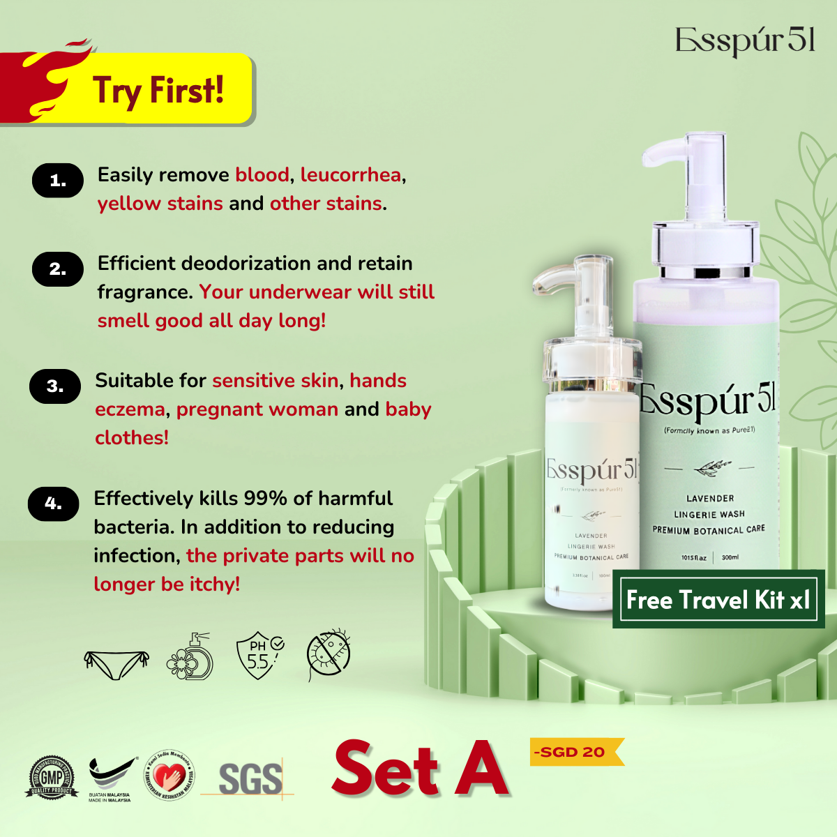 Set A - Lingerie Detergent 300ML x1 + Free Travel Kit x1