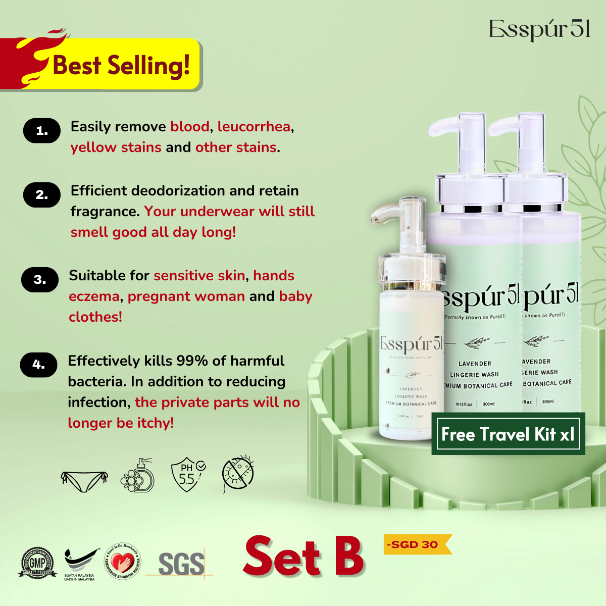Set B - Lingerie Detergent 300ML x2 + Free Travel Kit x1