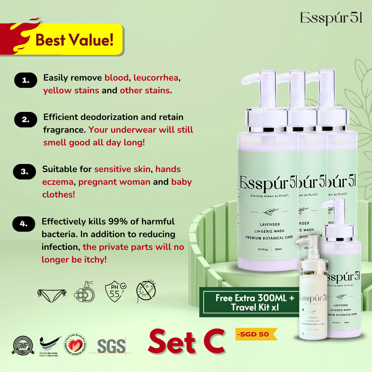 Set C - Lingerie Detergent 300ML x3 + Free Extra 300ML x1 + Free Travel Kit x1